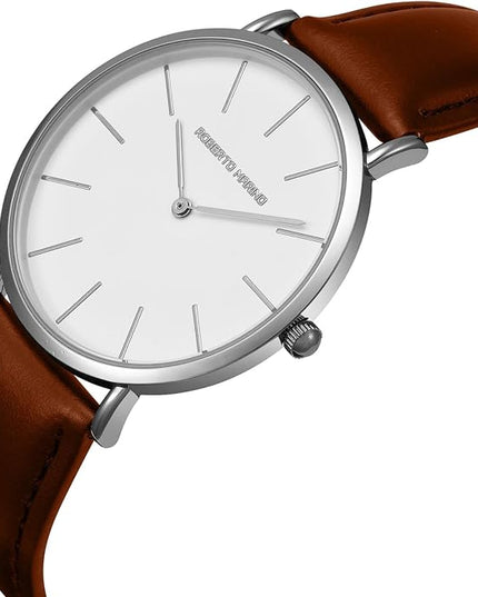 Roberto Marino RM1423 Men’s Luxury Watch – Japanese Quartz, Leather Strap, White Dial, 3 ATM Water Resistant