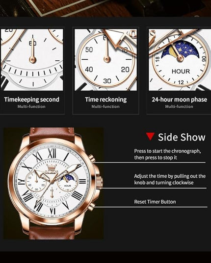 OLEVS Men's Watches Leather Strap Analog Quartz Watch, Fashion Big Dial Date Waterproof Watch, Dress Luxury Luminous Men Watches