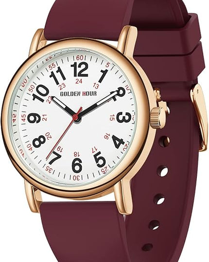 GOLDEN HOUR Waterproof Nurse Watch for Medical Professionals, Students Women Men - Military Time Luminouse Easy Read Dial, 24 Hour with Second Hand, Colorful Silicone Band
