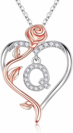 Iefil Christmas Gifts for Women Wife - 925 Sterling Silver Rose Heart Initial Necklace, Anniversary Birthday Gifts for Women, Jewelry Gift for Her Wife Girlfriend Mom Daughter