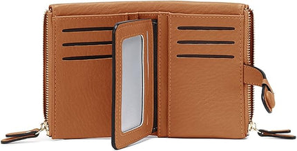 AOXONEL Women's Wallets Leather Wallets for Women Rfid Small Ladies Wallet Billfolds for Women,Trifold Mini Wallets for Women with Double Zipper Coin Pocket (Brown)