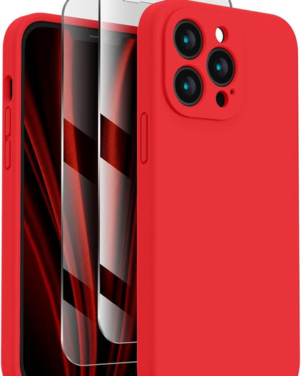 FireNova Designed for iPhone 13 Pro Max Case, Silicone [Camera Protection] Phone Case with [2 Screen Protectors], Soft Anti-Scratch Microfiber Lining Inside, 6.7 inch, Red