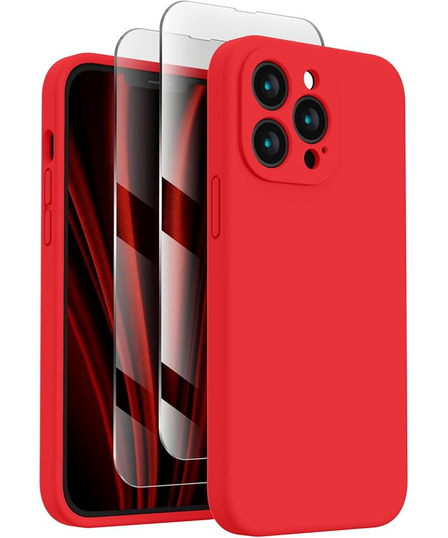 FireNova Designed for iPhone 13 Pro Max Case, Silicone [Camera Protection] Phone Case with [2 Screen Protectors], Soft Anti-Scratch Microfiber Lining Inside, 6.7 inch, Red