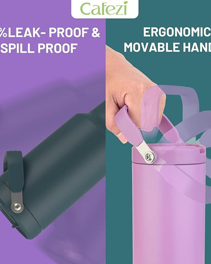 50 oz Insulated Water Bottle, Stainless Steel Water Bottles with Flip Straw and Top Handle, Leak Proof Flip, No Sweat, Fits in Cup Holder, Vacuum Insulated Cup for Home, Office, Outdoors, Car