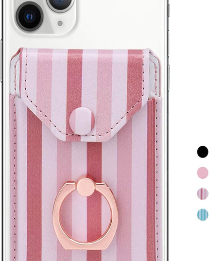 RFID Ring Stand Stick on Wallet Card Holder for Back of Phone for iPhone Android and All Smartphones Adhesive Credit Card Holder for Cell Phone-Pink Striped