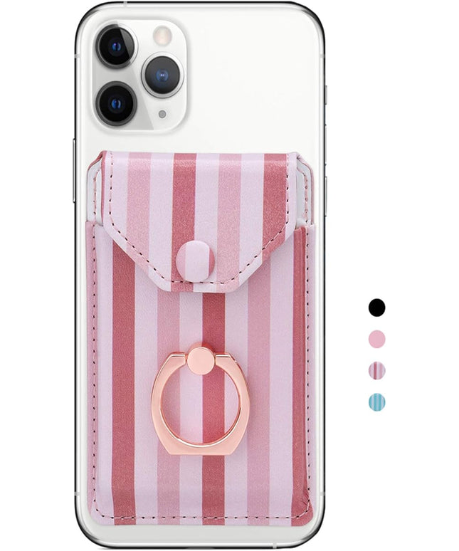 RFID Ring Stand Stick on Wallet Card Holder for Back of Phone for iPhone Android and All Smartphones Adhesive Credit Card Holder for Cell Phone-Pink Striped