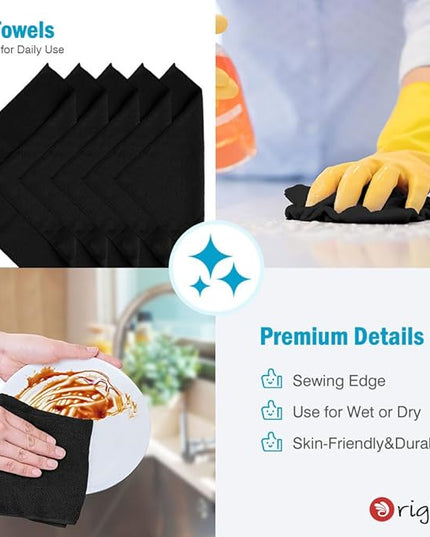 Orighty Black Microfiber Cleaning Cloth, Microfiber Towels for Cars, Highly Absorbent Car Cleaning Supplies, Lint Free Cloths Clean Rags for Car Care, House, Kitchen, 12x11 inch, Pack of 24