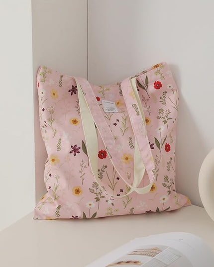 Floral Cotton Canvas Tote Bag for Women: 14x15 Inches Reusable Grocery Bag for Work, School, Travel, Gym