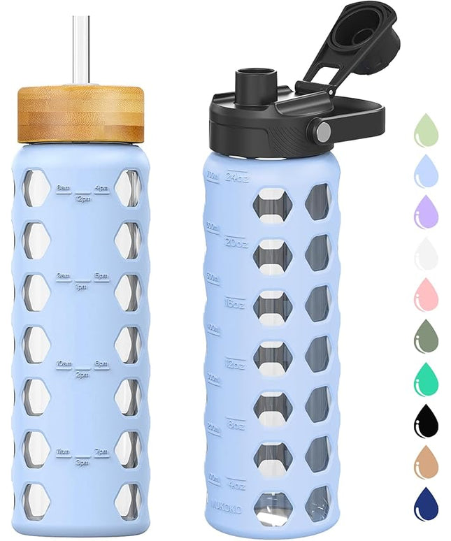 MUKOKO Glass Water Bottles,24oz Glass Tumbler with Straw,Drinking Bottles with 2 Lids-Handle Spout Lid&Bamboo Straw Lid,Motivational Water Bottle with Time Marker and Silicone Sleeve,1 Pack-Glacier