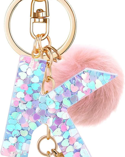 Resin Alphabet Initial Letter Keychain Keyring for Women Purse Handbags With Fur Ball Pom