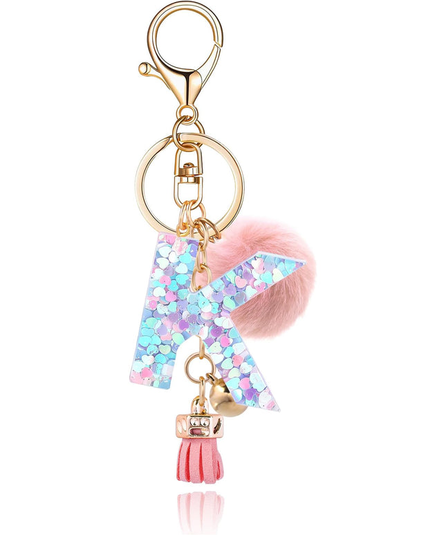 Resin Alphabet Initial Letter Keychain Keyring for Women Purse Handbags With Fur Ball Pom