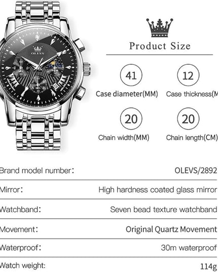 OLEVS Men's Luxury Watch Waterproof Luminous Easy Read Chronograph Watches Full Gold/White Dail/Black Face with Calendar Wristwatch