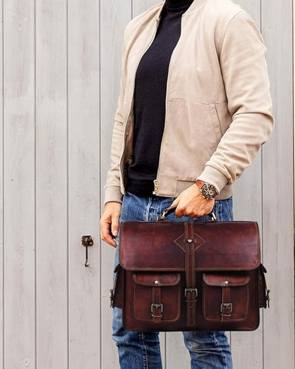 Vintage Leather Laptop Bag for Men Full Grain Large Leather Messenger bag for men 18 inches with rustic look Brown briefcase (Brown)