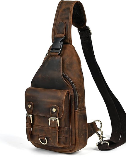 Genuine Leather Hiking Travel DayPack Sling Crossbody Triangle Chest Pack Bag For Men Women 8241