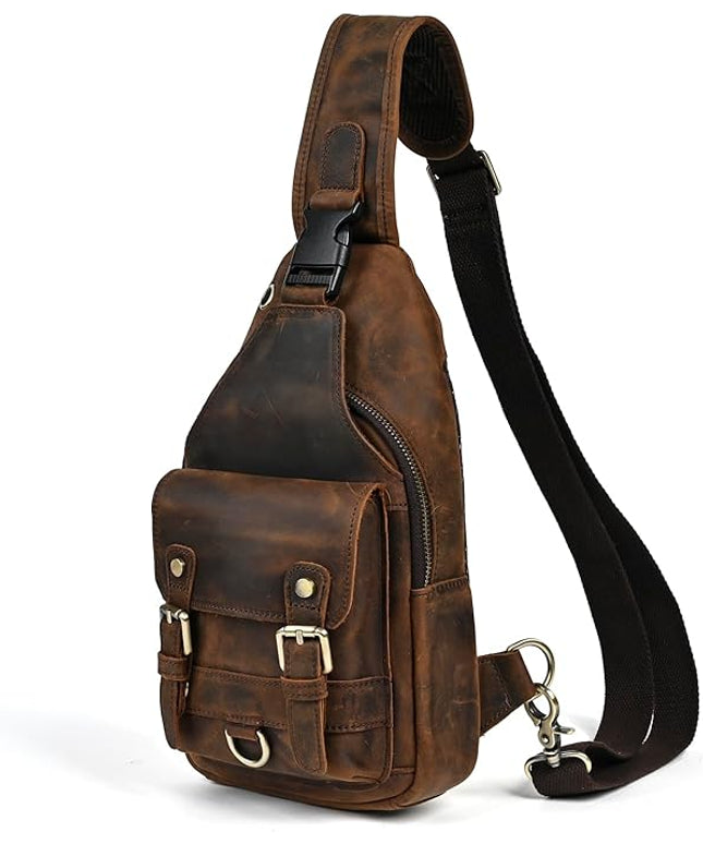 Genuine Leather Hiking Travel DayPack Sling Crossbody Triangle Chest Pack Bag For Men Women 8241