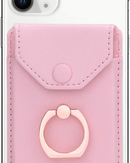 Cell Phone Card Holder RFID Ring Stand Stick on Wallet Card Holder for Back of Phone iPhone Android and All Smartphones Adhesive Credit Card Holder Pink