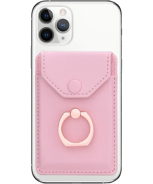 Cell Phone Card Holder RFID Ring Stand Stick on Wallet Card Holder for Back of Phone iPhone Android and All Smartphones Adhesive Credit Card Holder Pink