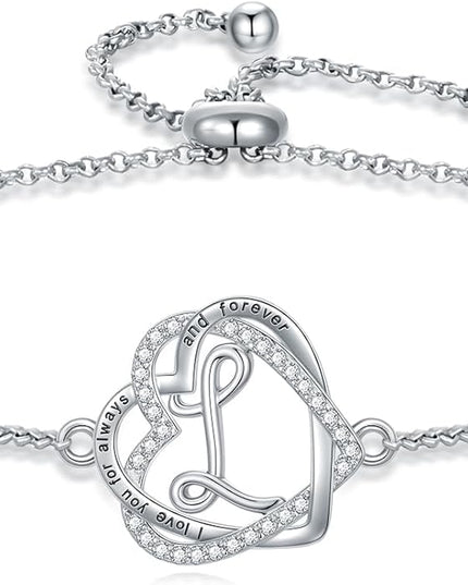 TOUPOP Gifts for Women Heart Initial Bracelet 925 Sterling Silver Double Heart Bracelet Birthday Jewelry Birthday Christmas Gifts for Her Wife Girlfriend