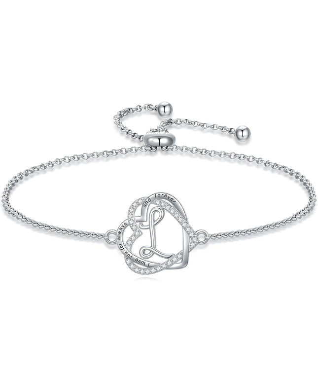 TOUPOP Gifts for Women Heart Initial Bracelet 925 Sterling Silver Double Heart Bracelet Birthday Jewelry Birthday Christmas Gifts for Her Wife Girlfriend