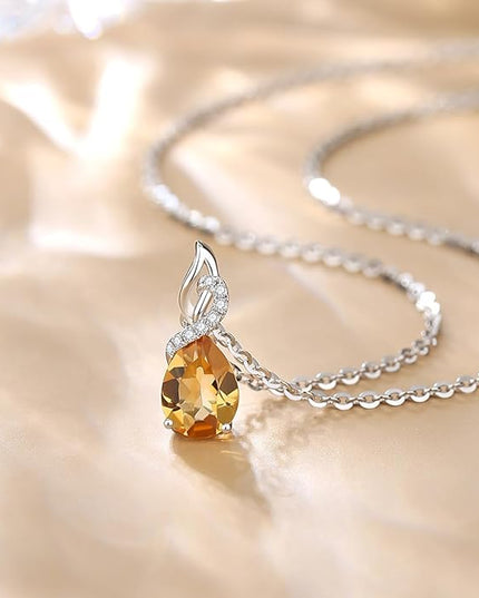 FANCIME 14K Solid White Gold Teardrop Pendant with Diamond Birthstone Necklace