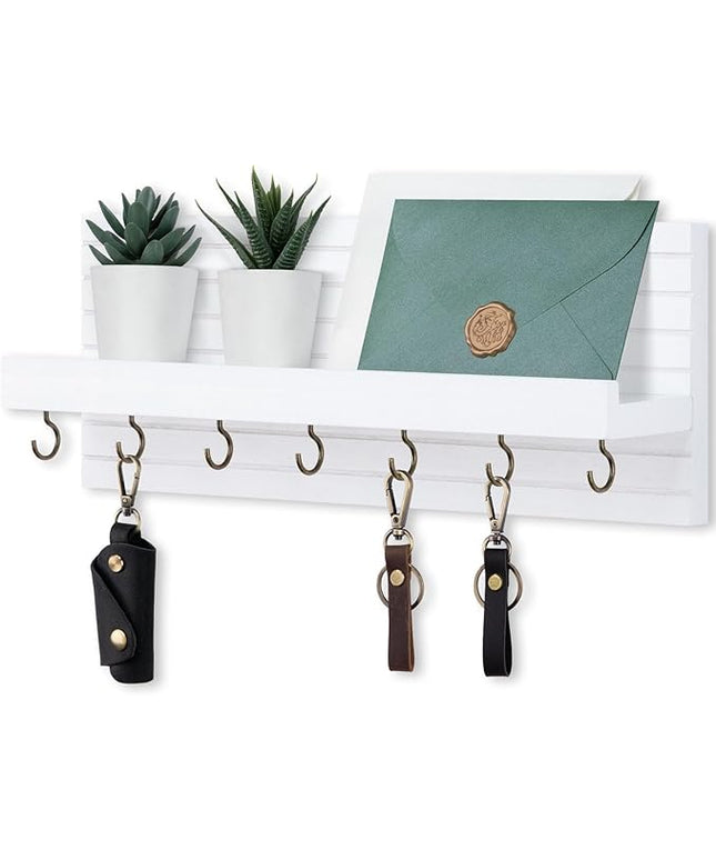 Lwenki Decorative Key Holder for Wall with Shelf, Entryway Shelf with Hooks Holds Leashes, Jackets and Glasses – Sturdy Wood Keyholder Entrance Hanger with Mounting Hardware (White, Large)