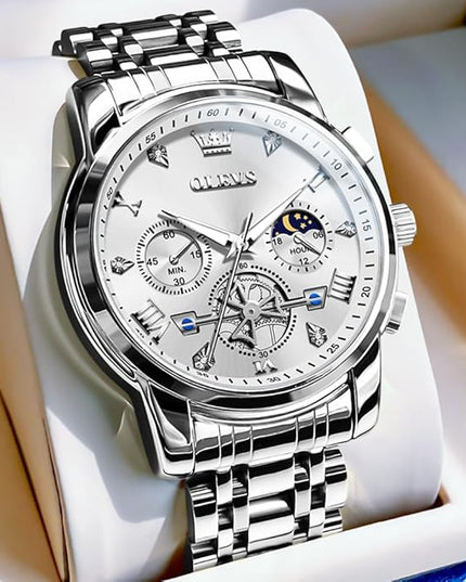 OLEVS Mens Watches Chronograph Watch Luxury Dress Stainless Steel Waterproof Watches for Men Moon Phase Luminous Business Calendar Wrist Watch Blue/Black/Green/Gold/Face