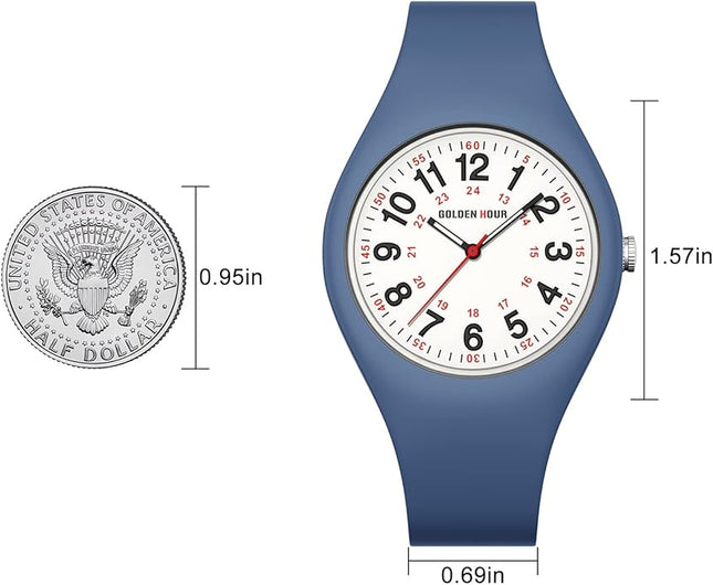 GOLDEN HOUR Waterproof Sports Analog Unisex Watches for Nurse Medical Professionals, Students - Military Time Glowing Easy to Read Dial, Jelly Silicone Strap