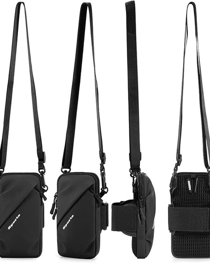Phone Holder Arm Band, Small Crossbody Shoulder Holsters Bag with Arm Bands, Fits iPhone and Android, Use for Running, Walking, Hiking & Biking (6.7 Inches, Black)