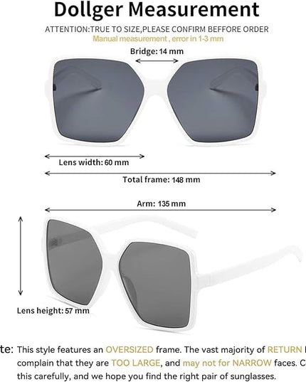 Dollger Oversized Square Sunglasses for Women Big Large Wide Fashion Shades for Men UV Protection Unisex
