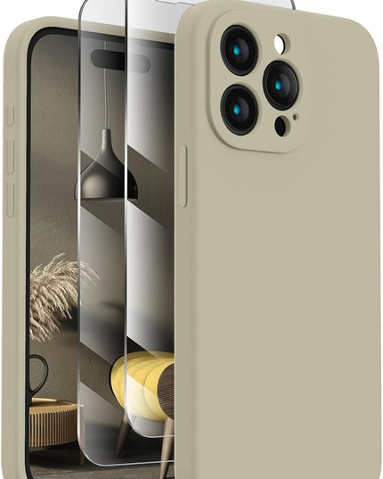 FireNova Designed for iPhone 15 Pro Max Case, Silicone Upgraded [Camera Protection] Phone Case with [2 Screen Protectors], Soft Anti-Scratch Microfiber Lining Inside, 6.7 inch, Khaki