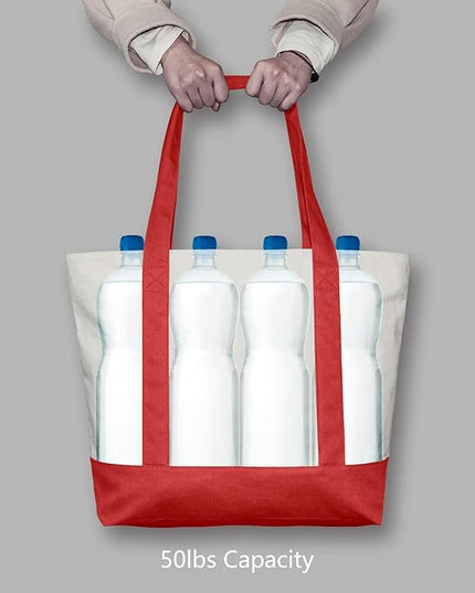 TOPDesign 3-Pack Canvas Tote Bags with an External Pocket, Reusable Grocery Shopping Bags, Top Zipper Closure, Daily Essentials (Red/Natural)