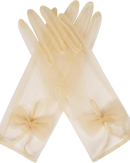 QRBTSCL Women's Short Tea Party Gloves Tulle Gloves with Bowknot Mesh Glove Wedding Bridesmaids Evening Party Glove
