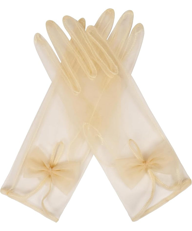 QRBTSCL Women's Short Tea Party Gloves Tulle Gloves with Bowknot Mesh Glove Wedding Bridesmaids Evening Party Glove