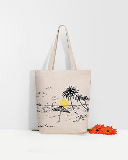 Ecoright Tote Bag for Women with Zipper, Small Tote Bag, Canvas Bag, Reusable Cotton Bag for Beach, Grocery, School & Work