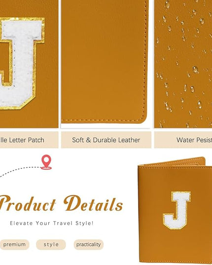 Initial Passport Cover Holder and Luggage tag Set,PU Leather Passport Case Travel Suitcase Tag with Letter Patch, Personalized Travel Luggage Accessories Gifts for Women Grils Teenage Ginger V