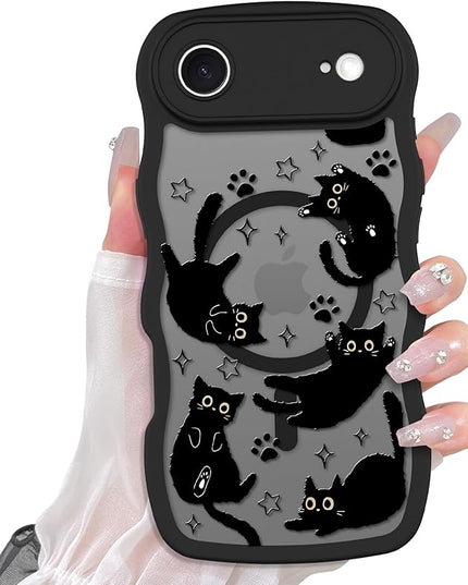 Cute Case for iPhone Air Case [Compatible with MagSafe] with Kawaii Black Cats Cat Print Pattern Design for Women Girls, Soft Wavy Edge Anti-Slip Animal Magnetic Protective Phone Cover