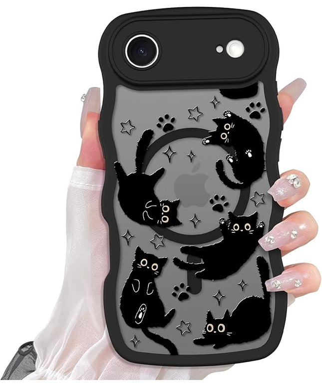 Cute Case for iPhone Air Case [Compatible with MagSafe] with Kawaii Black Cats Cat Print Pattern Design for Women Girls, Soft Wavy Edge Anti-Slip Animal Magnetic Protective Phone Cover