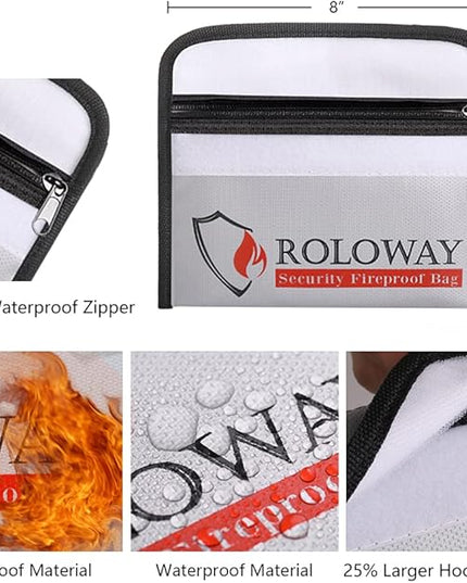 ROLOWAY Small Fireproof Bag (5 x 8 inches), Non-itchy Fireproof Money Bag for Cash, Valuables, Passport, Currency & Keys (2-Pack Silver)