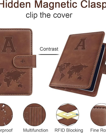 Passport Holder Wallet Cover Personalized Letter A-Z Travel Wallet RFID Blocking Passport Cover Wallet Case for Travel Passport Book Holders for Women and Men, Brown-A