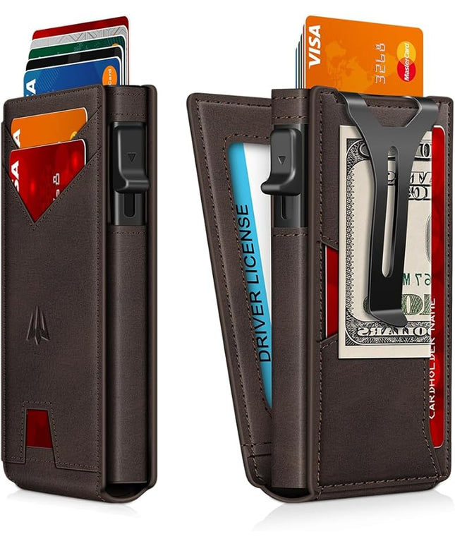 Ruiici Wallet for Men, Slim Minimalist Wallet with Money Clip＆ID Window, RFID Blocking Pop-Up Credit Card Holder, Smart Auminum Mens Wallet Holds 9-13 Cards (Gift Box) (Coffee Brown)
