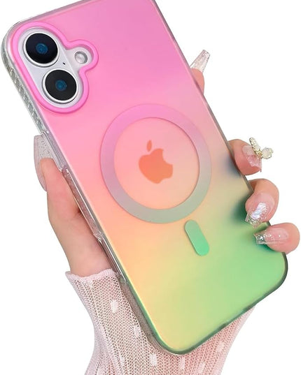 Aesthetic Case for iPhone 17 Case for Women Girls [Compatible with Magsafe] Cute Girly Trendy Glitter Sparkly Rainbow Magnetic Protective Phone Cover, Matte Iridescent Pink & Green