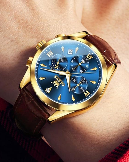 OLEVS Men's Watches Leather Strap Analog Quartz Watch, Fashion Big Dial Date Waterproof Watch, Dress Luxury Luminous Men Watches