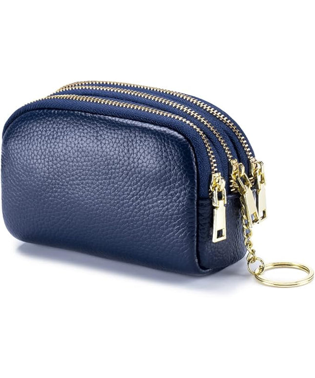 LINNO 3 Zippered Genuine Leather Coin Purse Triple Capacity Change Pouch Little Travel Wallet With Key Ring for Women