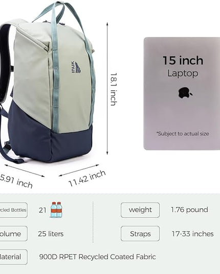 INUK Laptop Backpack for College Students & Work, 25L Lightweight Waterproof Backpack for Business Travel, Hiking Daypack with Padded Sleeve and Safety Whistle, Made from Recycled Materials，Green