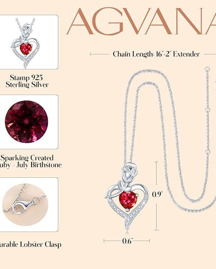 AGVANA Christmas Gifts Rosy Reverie Birthstone Necklace for Women Sterling Silver Genuine or Created Gemstone Rose Flower Heart Pendant Necklace Anniversary Birthday Gifts for Women Mom Wife Her