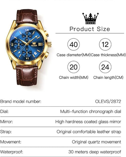 OLEVS Men's Watches Leather Strap Analog Quartz Watch, Fashion Big Dial Date Waterproof Watch, Dress Luxury Luminous Men Watches