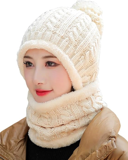 HUAMULAN Women Winter Beanie Hats One Piece Fleece Lined Knit Balaclavas Mask Set Skull Neck Circle Scarf Ski Snow Hat Pompom