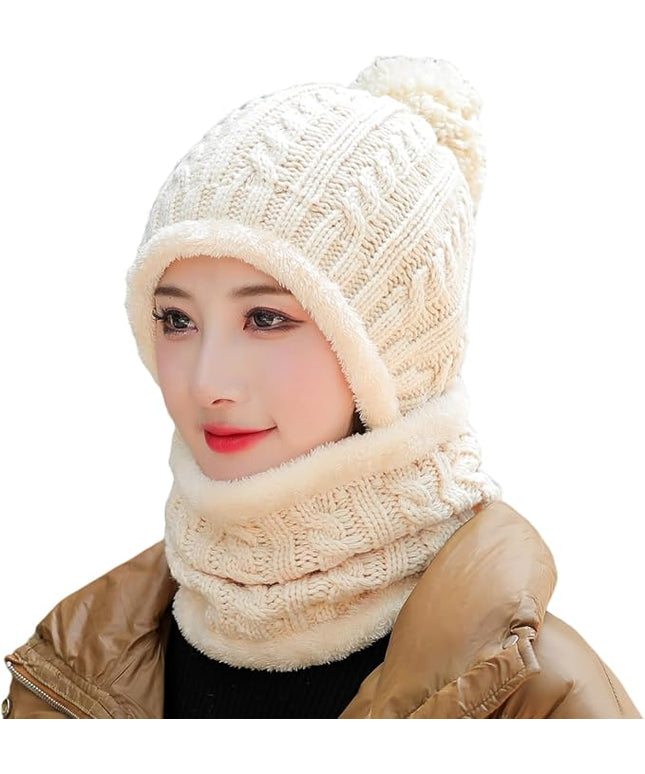 HUAMULAN Women Winter Beanie Hats One Piece Fleece Lined Knit Balaclavas Mask Set Skull Neck Circle Scarf Ski Snow Hat Pompom
