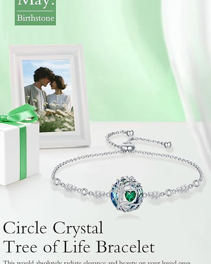 TOUPOP Tree of Life Birthstone Bracelet 925 Sterling Silver Family Tree Austrian Crystal Jewelry Anniversary Birthday Christmas Gifts for Women Wife Girlfriend Her