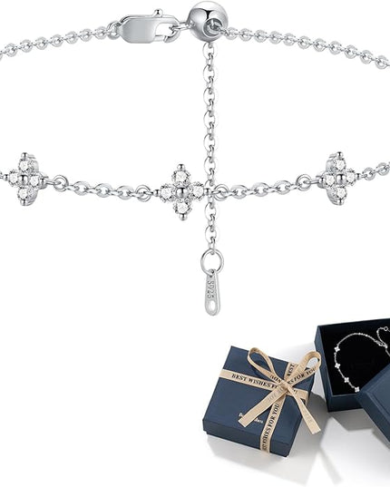 Moissanite Four Leaf Clover Charm Bracelet for Women,Symbol of Love & Luck,14K Gold/White Gold Plated D Color VVS1 Moissanite, 6.5+2Inch Adjustable Hypoallergenic Cable Chain,Ready to Dainty Lucky Jewelry Gift for Valentine’s Day Bracelet from Boyfrien...